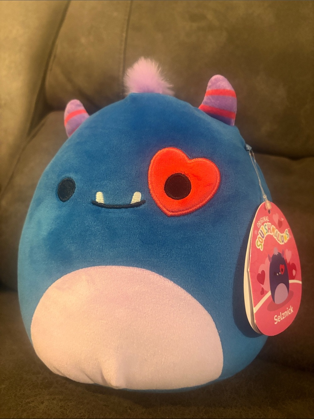 Squishmallows Selznick Blue Plush with Pink & Red Accents